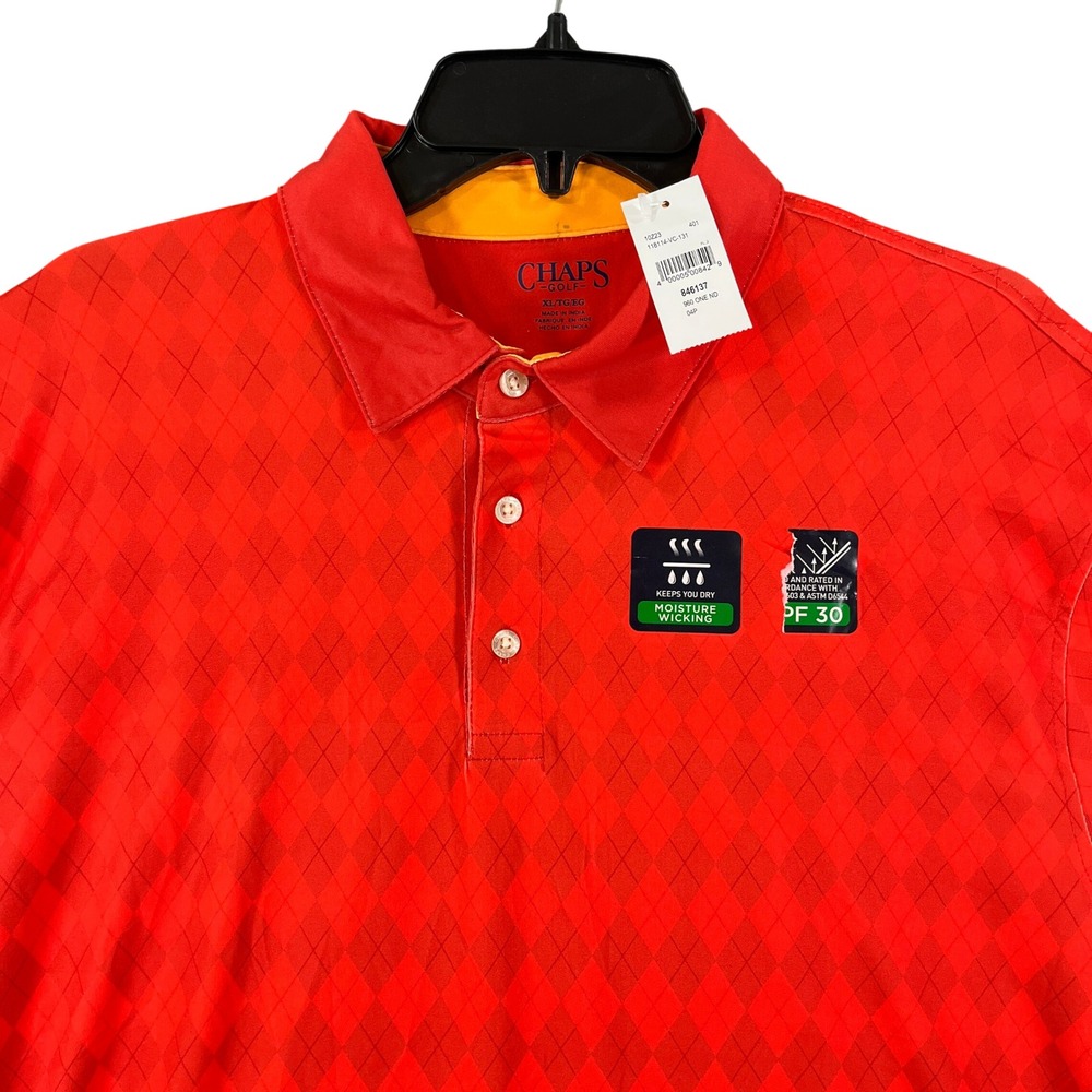 Chaps Golf Polo Shirt Mens XL Orange Diamond Argyle Moisture Wicking Activewear